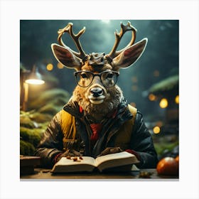 Deer In Glasses Reading A Book Canvas Print