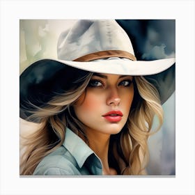 Beautiful Cowgirl with Hat - Watercolor Portrait Canvas Print