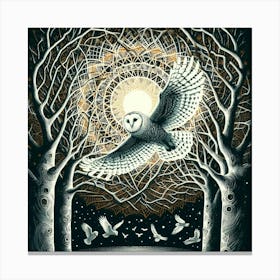 Silkscreen and Metaphysical Art: Oliver Vernon's White Owl Soars amid Glowing Contrasts by Pratt, Kinnaird, Wishart, and Morley. Canvas Print