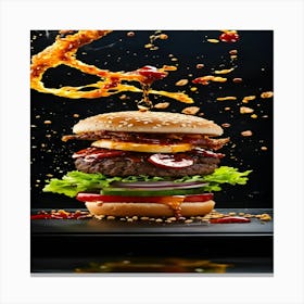 Burger Splashing On Black Background Canvas Print