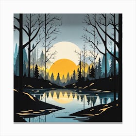 Sunset In The Forest 1, Forest, sunset,   Forest bathed in the warm glow of the setting sun, forest sunset illustration, forest at sunset, sunset forest vector art, sunset, forest painting,dark forest, landscape painting, nature vector art, Forest Sunset art, trees, pines, spruces, and firs, black, blue and yellow, lake in sunset, lake in forest  Canvas Print