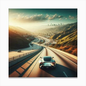 Car Driving On Highway At Sunset Canvas Print