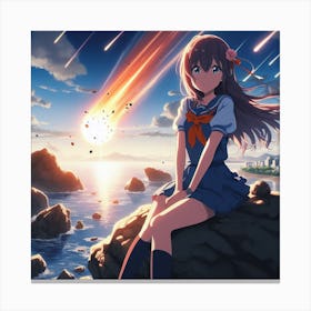 Anime Girl Sitting On Rocks Canvas Print