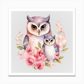 Watercolor Spring Mama And Baby Owls Canvas Print