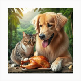 Golden Retriever And Cat With Chicken Canvas Print