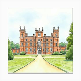 Watercolor View Of The Coughton Court In Warwickshire, Showcasing Its Grand Architecture And Scenic Surroundings Canvas Print