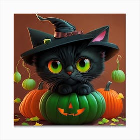 Cute Black Cat In A Witch Hat Canvas Print