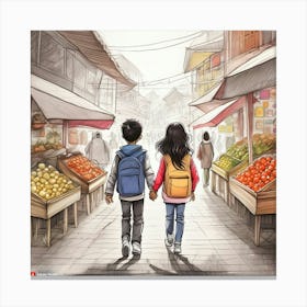 Two People Walking In A Market Canvas Print