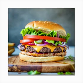 Burger On A Wooden Cutting Board Canvas Print