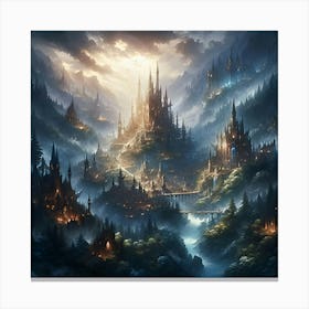 An Intricate High Fantasy Digital Art Piece, Focusing On A Sprawling Elven City Nestled In An Ancient Forest, Bathed In The Ethereal Twilight Glow 1 Canvas Print