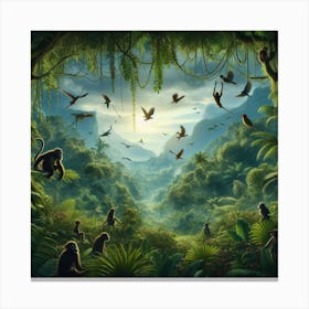 Jungle Scene With Monkeys And Birds Canvas Print