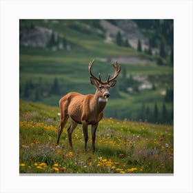 A Tranquil Alpine Meadow Filled With Colorful Wildflowers And Grazing Deer Canvas Print