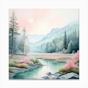 Watercolor Landscape Minimalist With Shades Of Blush Pink Pale Blue And Mint Green Canvas Print