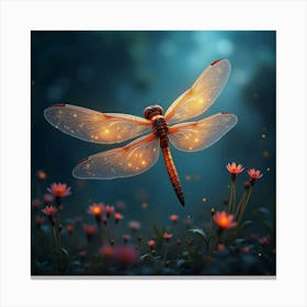 An Abstract Dragonfly With Wings Of Glowing, Fractal Patterns Fluttering Through A Cosmic Meadow Canvas Print