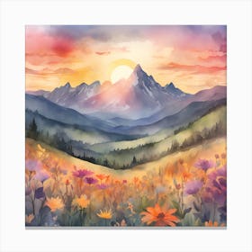 Watercolor Of Mountains And Flowers 1 Canvas Print