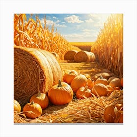 Autumn Harvest Scene Featuring Oversized Pumpkins Nestled Among Stalks Of Sunlit Corn Bales Of Hay (4) Canvas Print