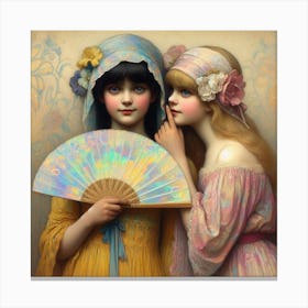 Two Girls Holding A Fan 1 Canvas Print