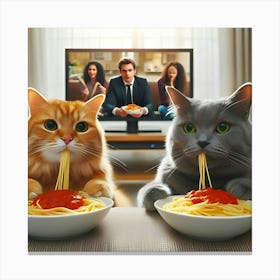 Two Cats Are Sitting On A Couch, Eating Spaghetti And Watching Tv2 Canvas Print