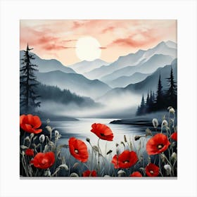 Serene Mountain Landscape Framed By Vibrant Red Poppies Canvas Print