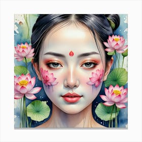 Asian Girl With Lotus Flowers 1 Canvas Print