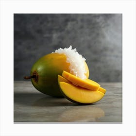 Ripe mango peeled,showing yellow flesh inside.Place on a plate topped with thick coconut milk and soft white glutinous rice. Sprinkle with small crunchy soybeans.Topped with fresh coconut milk. White,thick,sticky and there was smoke aura spred all over a large golden and white aura attacked the white and gray aura. The background is a mango tree. With yellow mangoes, fully ripe, Phu Chao, bright sunlight, 4k resolution. Canvas Print