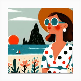 Illustration of A Woman at The Beach with Hat and Sunglasses Canvas Print