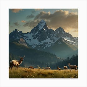 Deer Grazing On Mountains Land Art Canvas Print