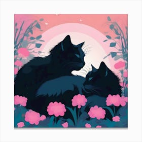 Silhouettes Of Cats In The Garden At Night, Nero, Blue, Pink And Fuchsia Canvas Print