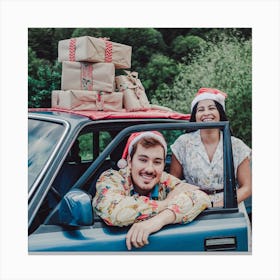 Happy Couple In Car With Presents Canvas Print