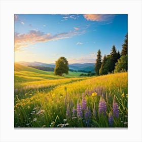 Framed In Golden Hour Light A Quaint Cottage Sits Nestled In The Heart Of A Luxuriant Summer Meadow 1 Canvas Print