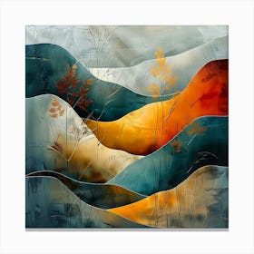 Abstract Autumnal Landscape Painting With Layered Hills In Teal Orange And Gold Tones Featuring Stylized Plants Canvas Print