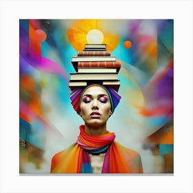 Surreal Balance of Books and Vibrant Art Canvas Print