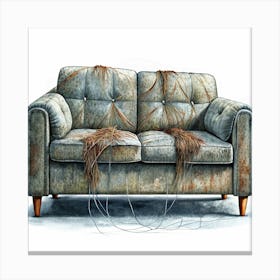 Old Worn Sofa With Loose Fabric And Wires Canvas Print