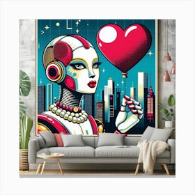 Robot with Pearl Earrings and Red Bow: A Pop Art and Futuristic Painting Canvas Print