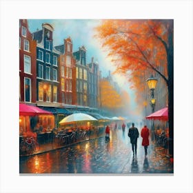 Amsterdam cafes, autumn season, rain, autumn oil colours.Faded colours,People passing on the street, winter clothes, rain umbrellas.7 Canvas Print