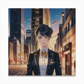 The Chic Business Suit: A Girl With Golden Eyes And An Updo Stands Tall In Front Of Urban Skyscrapers Canvas Print