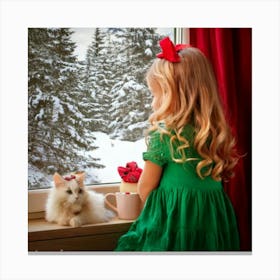 Firefly Little Girl, Blonde, Red Bow, Green Dress, Looking Out, Window, Snow Covered Forest, Fabulou Canvas Print