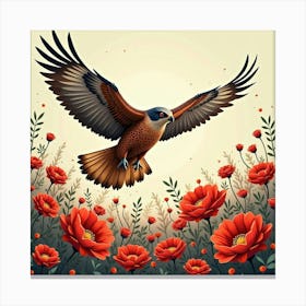 Falcon Flying Over Red Flowers 1 Canvas Print