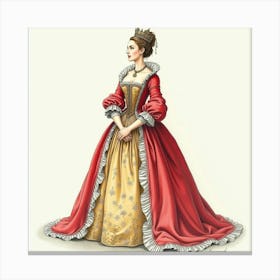 Watercolor Scene Of Queen Elizabeth I, Detailed Fabric, Elegant Pose 1 Canvas Print