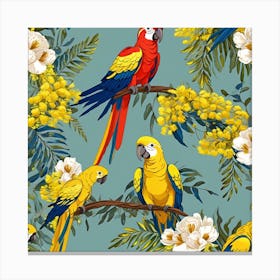 Seamless Pattern With Acacia Flowers And Parrots Vector 2 Canvas Print