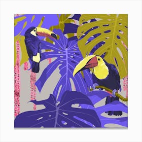 Hornbills Amid Monstera Square Canvas Print