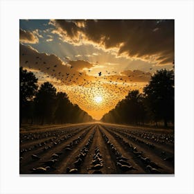 Thousands of Birds in Flight at Sunset, Their Shadows Painting the Earth Beneath the Golden Sky Canvas Print