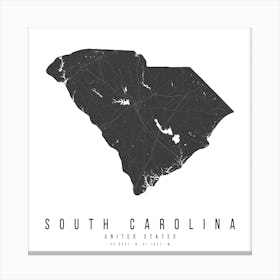South Carolina Mono Black And White Modern Minimal Street Map Square Canvas Print