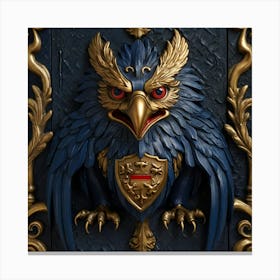 A mesmerizing coat of arms, featuring a striking eye at its center, is primarily adorned in the regal color of midnight blue. Two majestic griffins stand proudly on either side, with crossed weapons beneath them, all against a background shield. This detailed image, reminiscent of a medieval painting, exudes a sense of power and mystery. The craftsmanship is impeccable, with intricate details that command attention. The rich hues and intricate design make it a truly captivating and commanding piece of art. 1 Canvas Print
