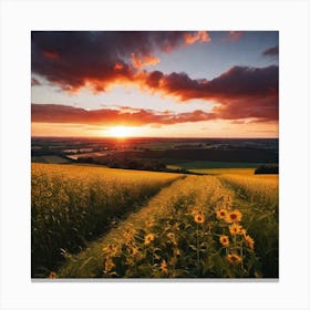 Sunset Over A Field Of Sunflowers 1 Canvas Print