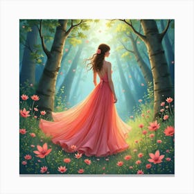 Flowing Gown In Watercolor, Amidst A Magical Enchanted Forest 1 Canvas Print