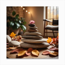 A Pyramid Of Rocks Sits On A Wooden Table Surrounded By Fallen Leaves, Flowers, And A Chair In A Cozy Natural Indoor Setting 1 Canvas Print