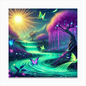 Stream With Bioluminescent Fish Butterflies Sun Spinning Wind Tree 8 Canvas Print