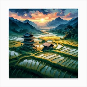 Beautiful views of rice fields, close to the river and surrounded by mountains, 20 Canvas Print