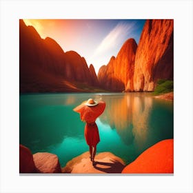 Woman In Red Hat Standing By A Lake Canvas Print